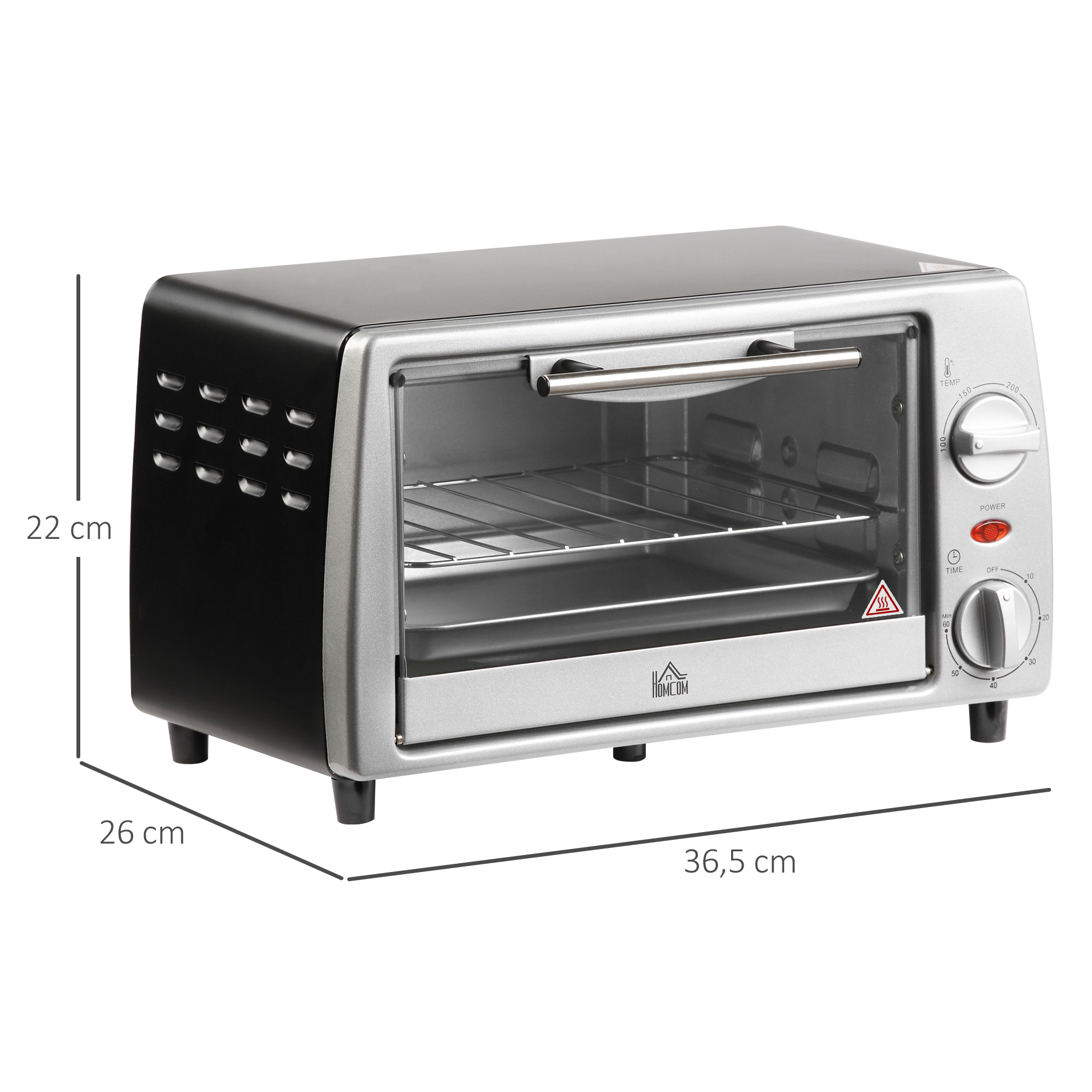 Miniahi 10 L 750W 100-230℃ 60 min taimeriga küpsetusplaadi, grillresti ja eemaldatava põhjaga, pitsaahi hõbedane