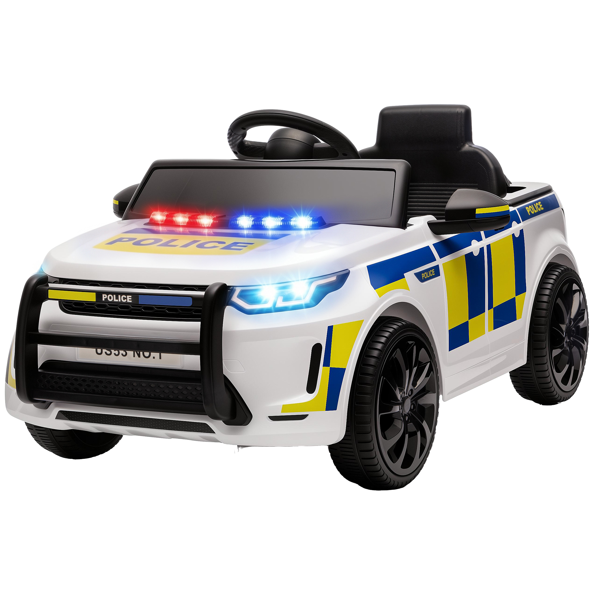 AIYAPLAY Elektro-Kinderpolizeiauto 12V mit Fernbedienung 2,4 G, 2 Motoren, Sanfter Anlauf, Sirene, Licht, Musik, Hupe, Gurt, 3+ Jahre, 2,5-3,5 km/h, Weiß   Aosom