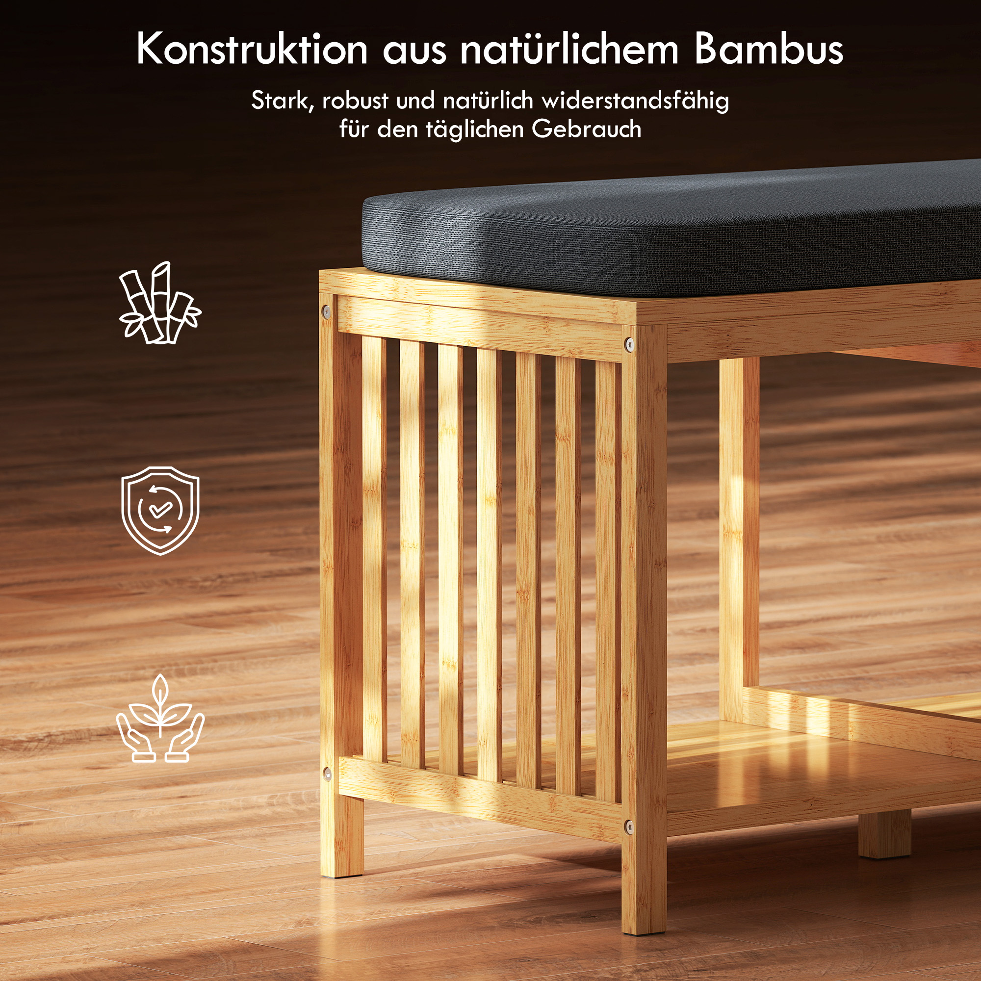 Bambusest kingapink, polsterdatud istmepadja ja avatud riiuliga esikupink, naturaalse puidu välimus