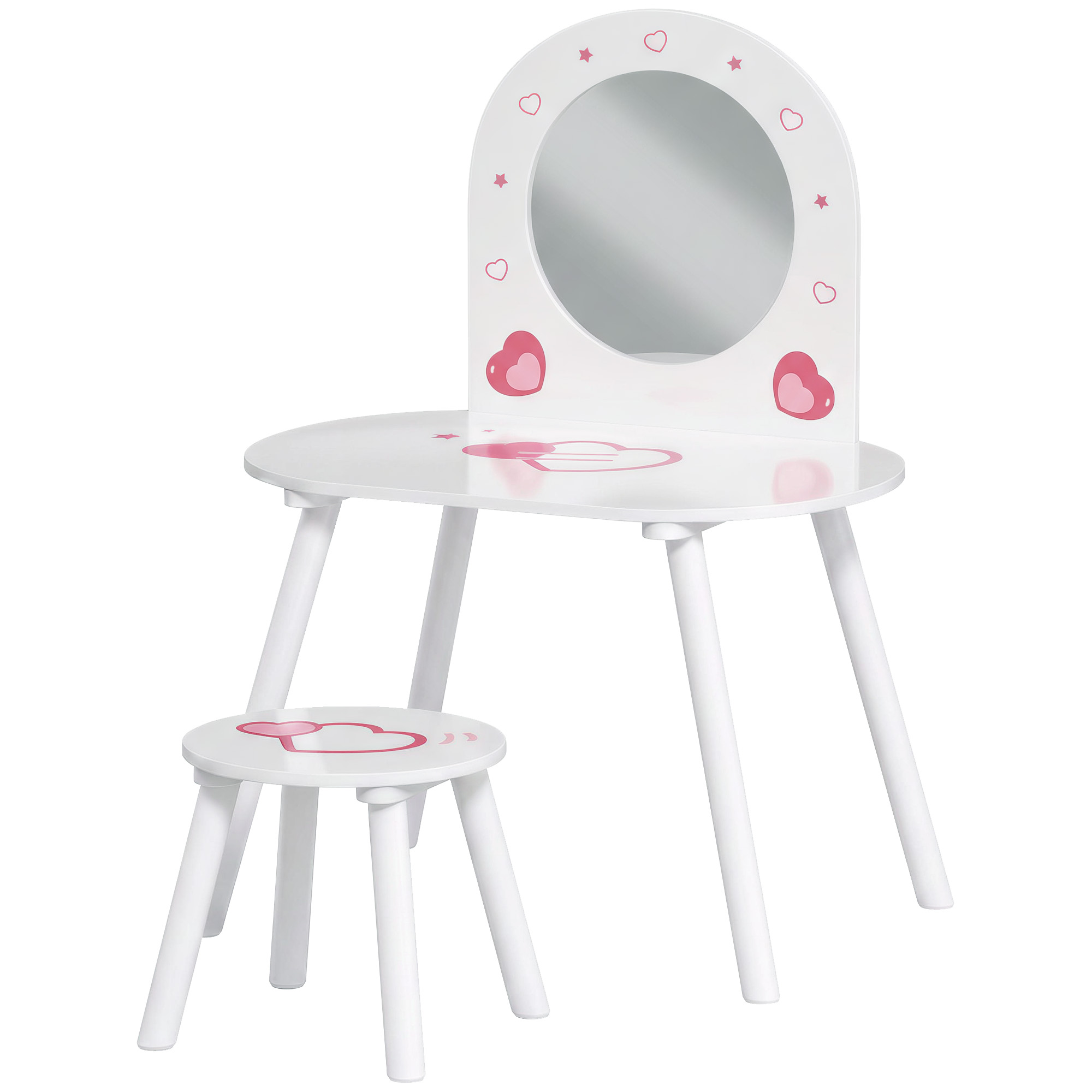 AIYAPLAY Kinderschminktisch mit Hocker und Spiegel, Schminktisch für Mädchen mit Herzmotiven, Schminktisch für Kinder 3–6 Jahre, Weiß Aosom