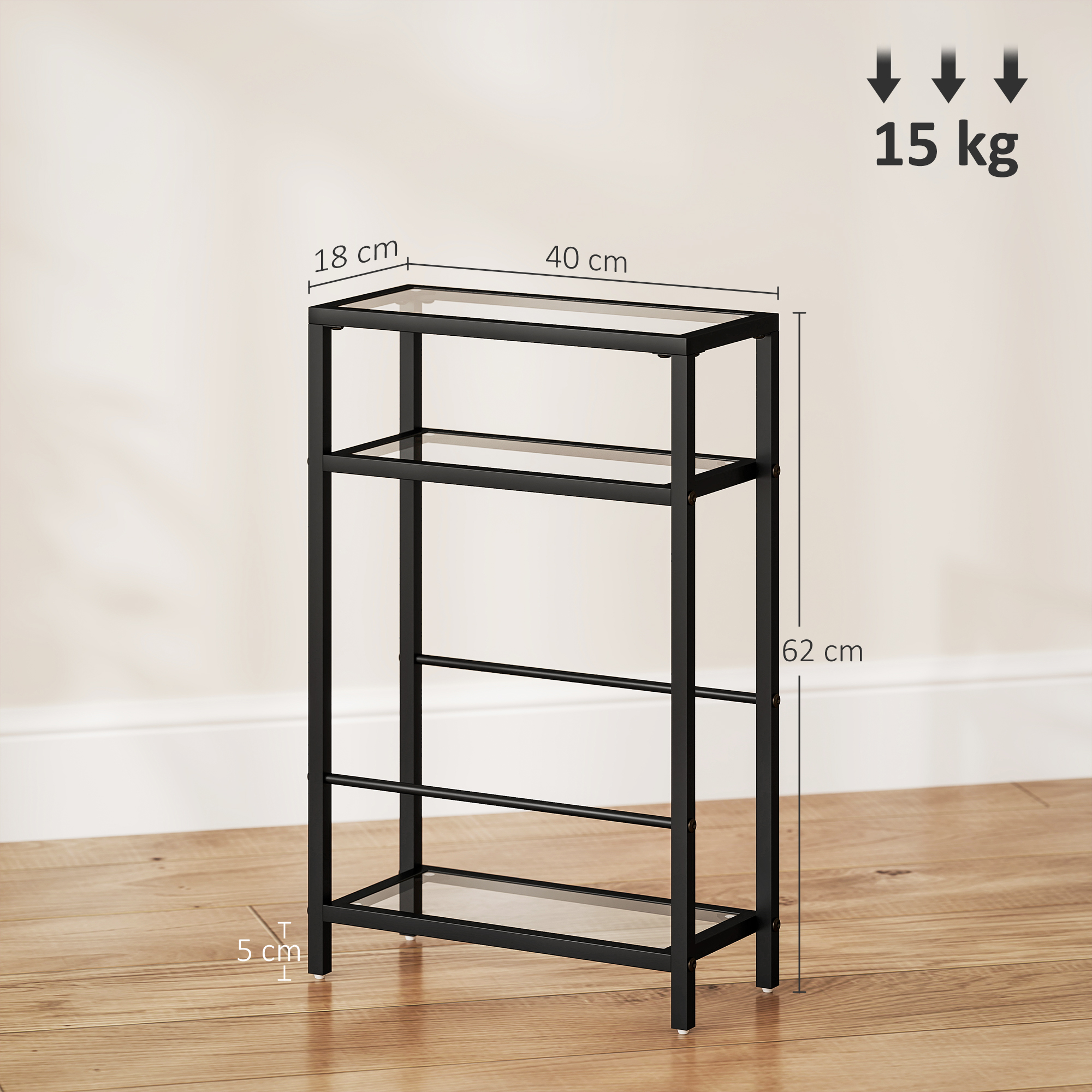 3-astmeline riiul klaasriiulitega, 18 cm lai, terasraam, ristlatid, must
