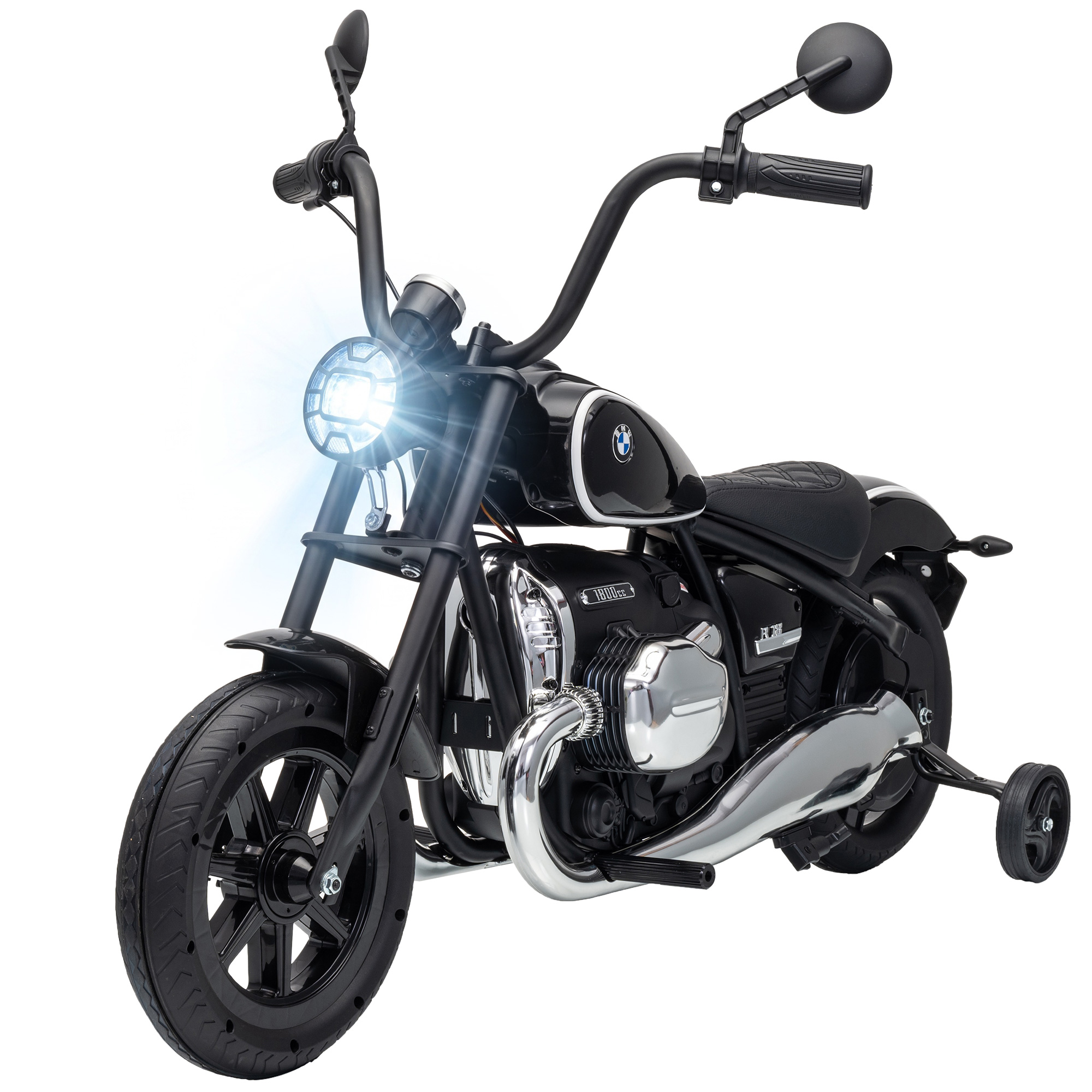 AIYAPLAY Elektrisches Kinder-Motorrad 12V BMW R18, Lithium-Akku, Elektroroller für Kinder 3-8 Jahre, Abnehmbare Stützräder, PU-Ledersitz, Scheinwerfer, Musik, Mini-Motorrad, 3-6 km/h, Max. 30 kg, Schwarz Aosom
