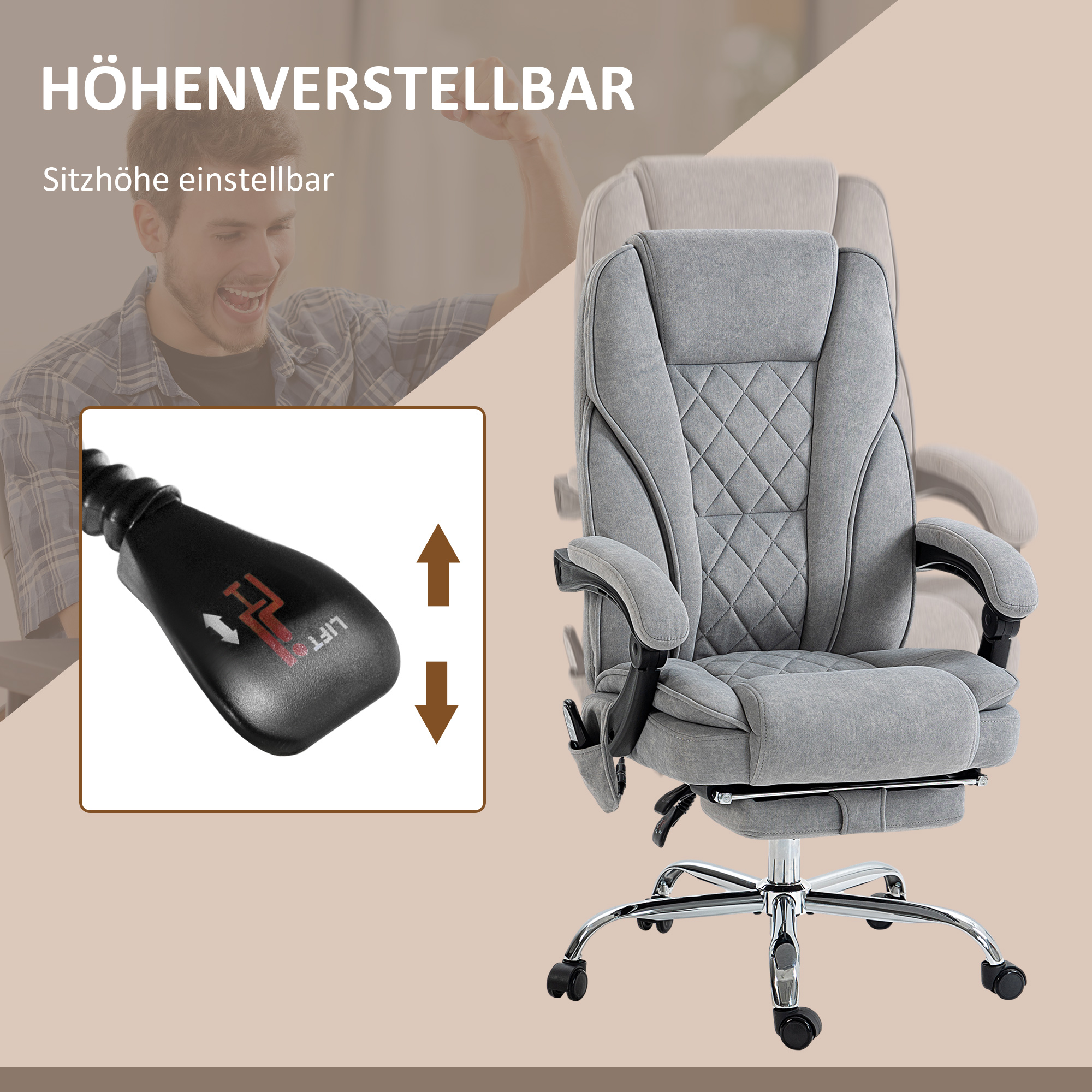 Ergonoomiline kontoritool massaažifunktsiooniga, jalatugedega, pöörlev, rattad, hall