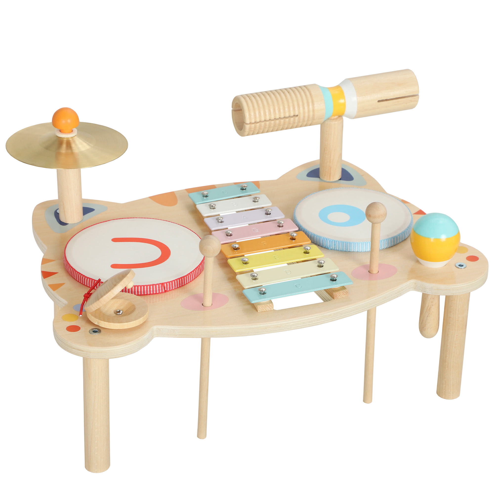 AIYAPLAY Instrumente Muzicale pentru Copii 1,5-6 Ani, Set de Percuție cu Xilofon, 2 Tobe, Culoarea Lemnului | Aosom Romania