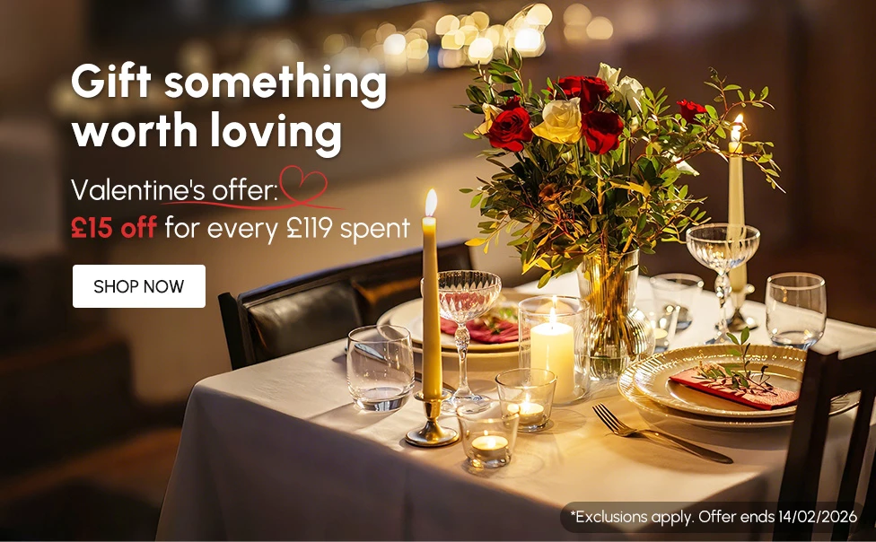 <div style="white-space:pre-wrap;">
	Valentine's offer: £15 off for every £119 spent.
</div>