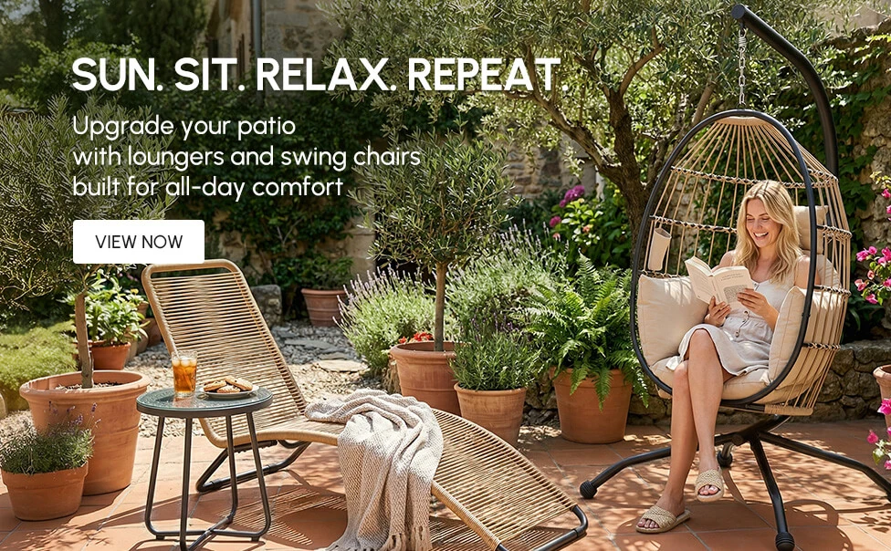 Upgrade your patio with loungers and swing chairs built for all-day comfort