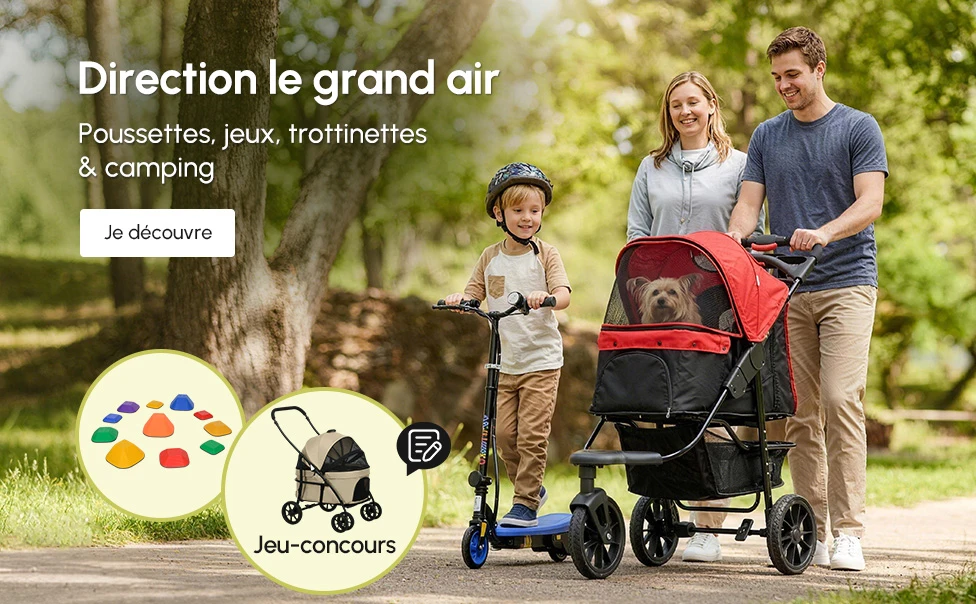 Direction le grand air
Poussettes, jeux, trottinettes & camping