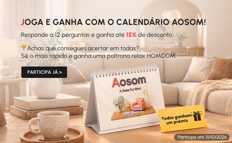 Responde a 12 perguntas e ganha até 15% de desconto.
🏆 Achas que consegues acertar em todas?
 Sê o mais rápido e ganha uma poltrona relax HOMCOM.
Todos os participantes ganham um prémio!
(Participa até 31/10/2026)
