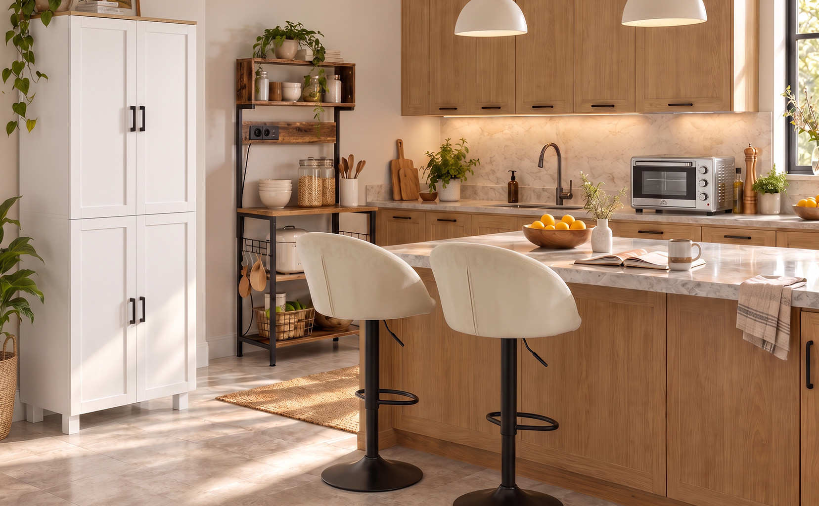 AN ORGANIZED KITCHEN, A WELCOMING BAR AREA