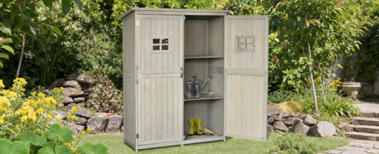 Practical storage sheds featuring integrated multi-tier shelving
