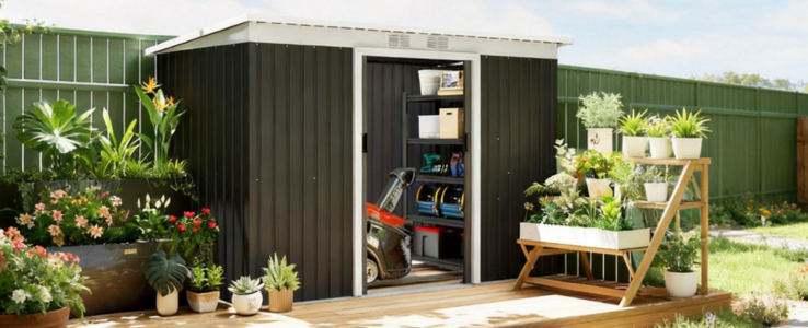 Space-efficient sheds featuring smooth double sliding doors