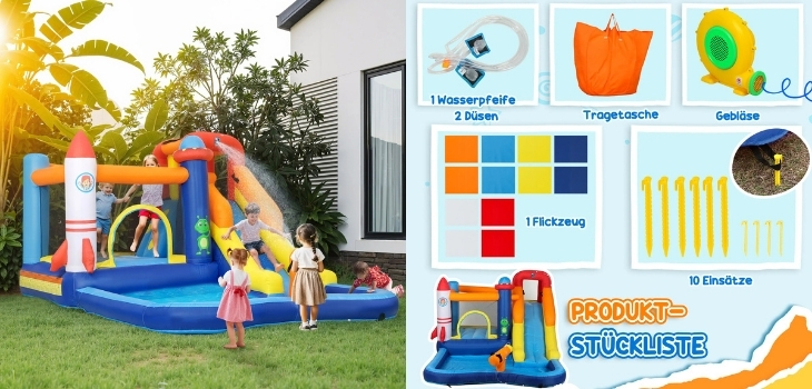Wasserrutsche mit Planschbecken und Hüpfburg