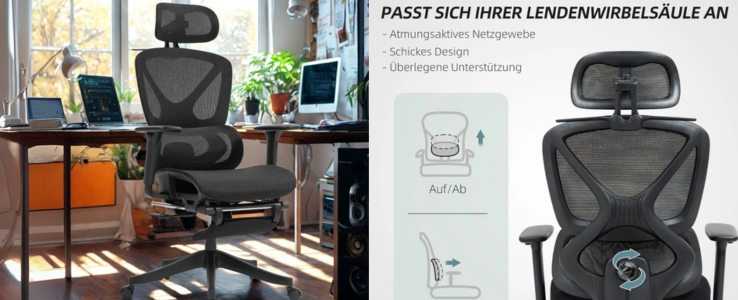 HOMCOM Bürostuhl, 135 Grad neigbar, verstellbar, Schwarz