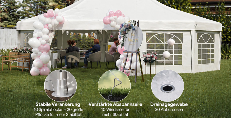 Ein Partyzelt besitzt von Natur aus keine Eigenstabilität gegen Wind. Die Windfestigkeit ist maßgeblich von der korrekten Montage, der gewählten Rahmenkonstruktion sowie den äußeren Witterungsbedingungen abhängig.