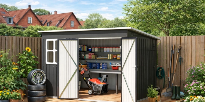 Compacte aanbouwschuren ontworpen voor smalle tuinen