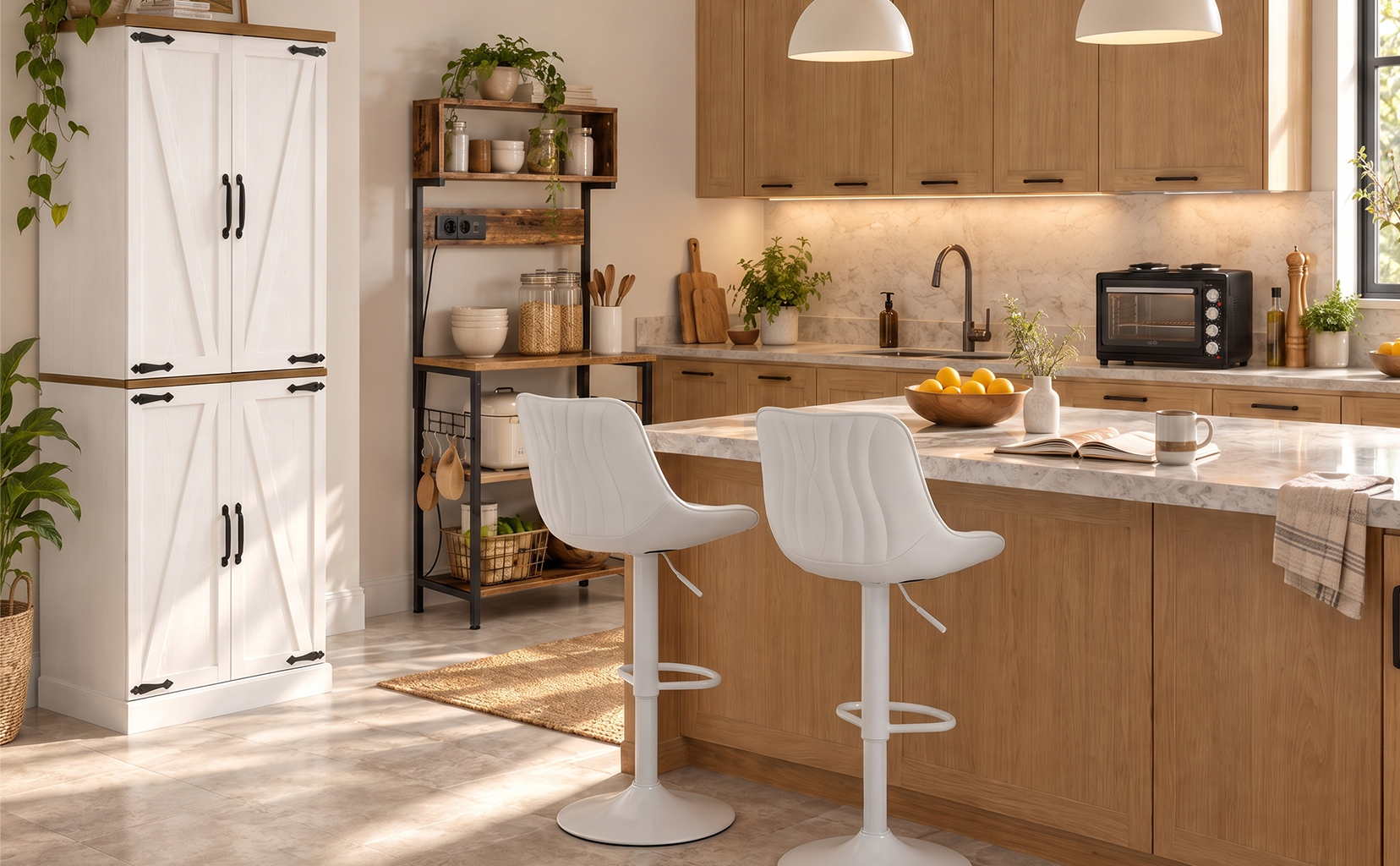 Une cuisine organisée, un espace bar accueillant