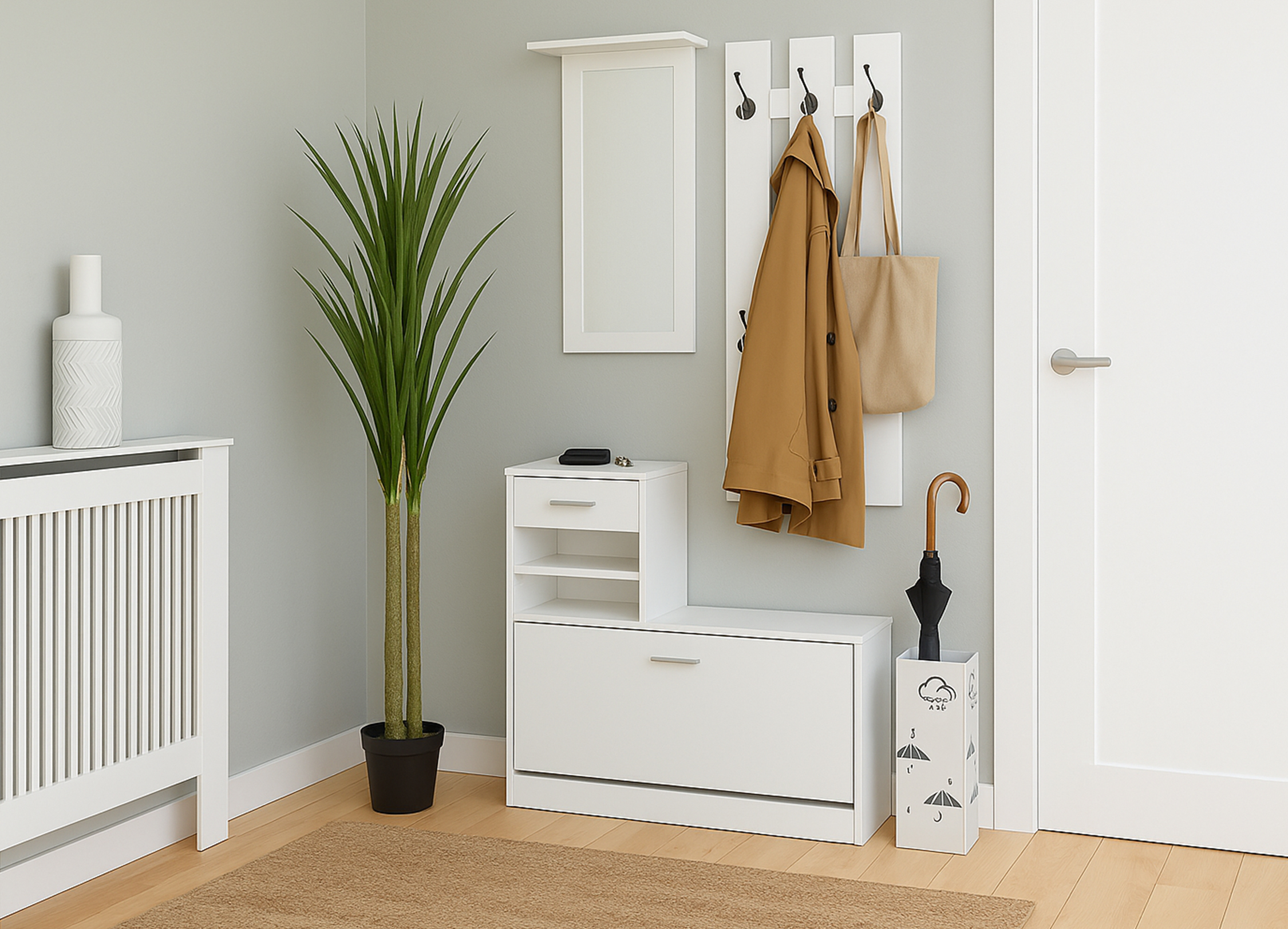 Recibidor blanco luminoso y ordenado