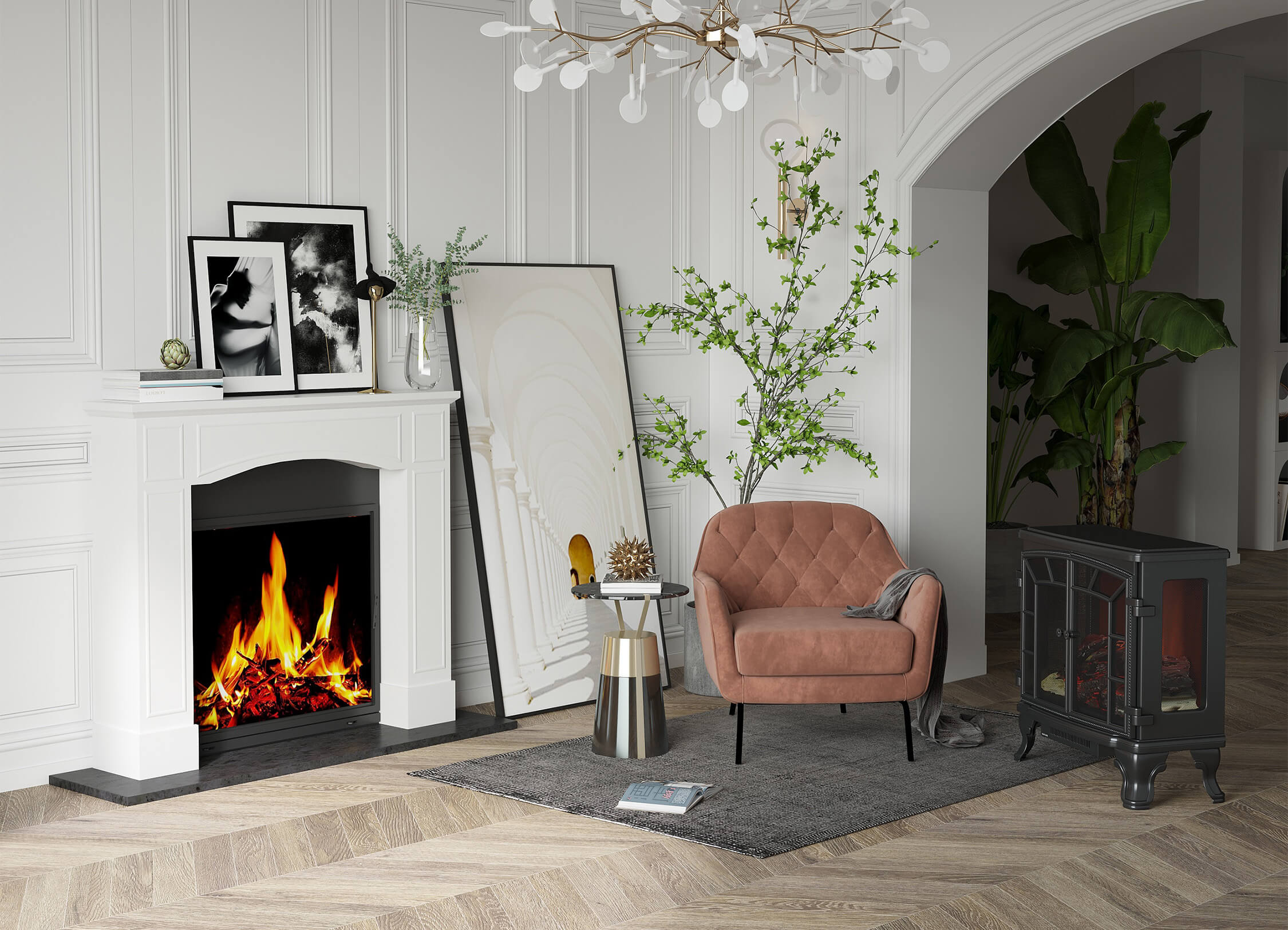 Aconchego Moderno com Lareira e Poltrona Rosada