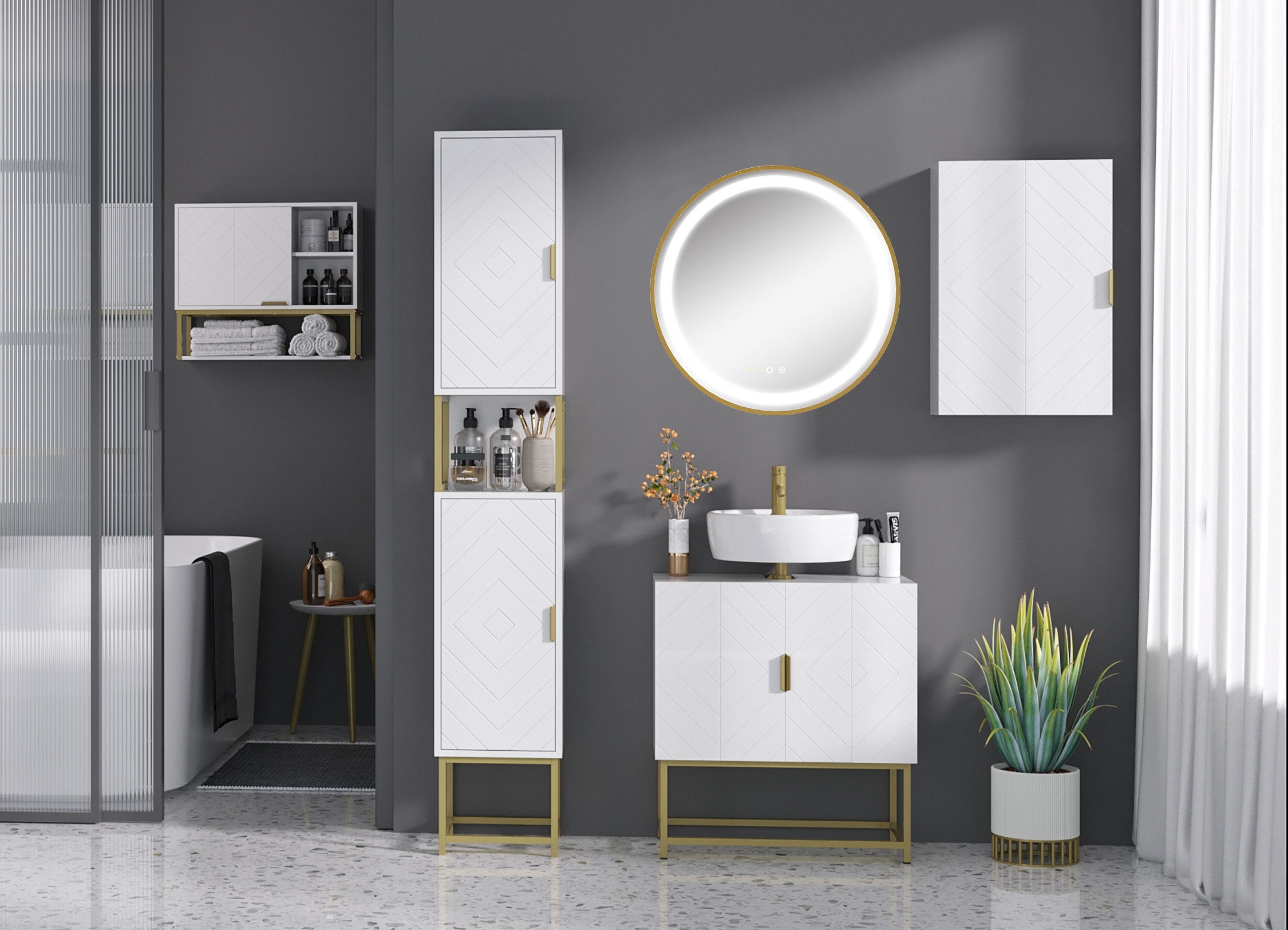 Elegância moderna no banheiro: Cinza e dourado