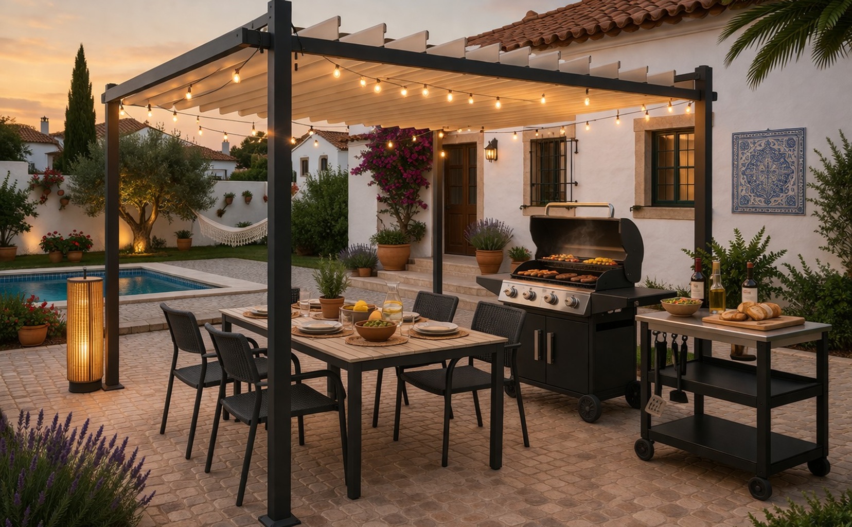 Pérgola com área de refeições no jardim