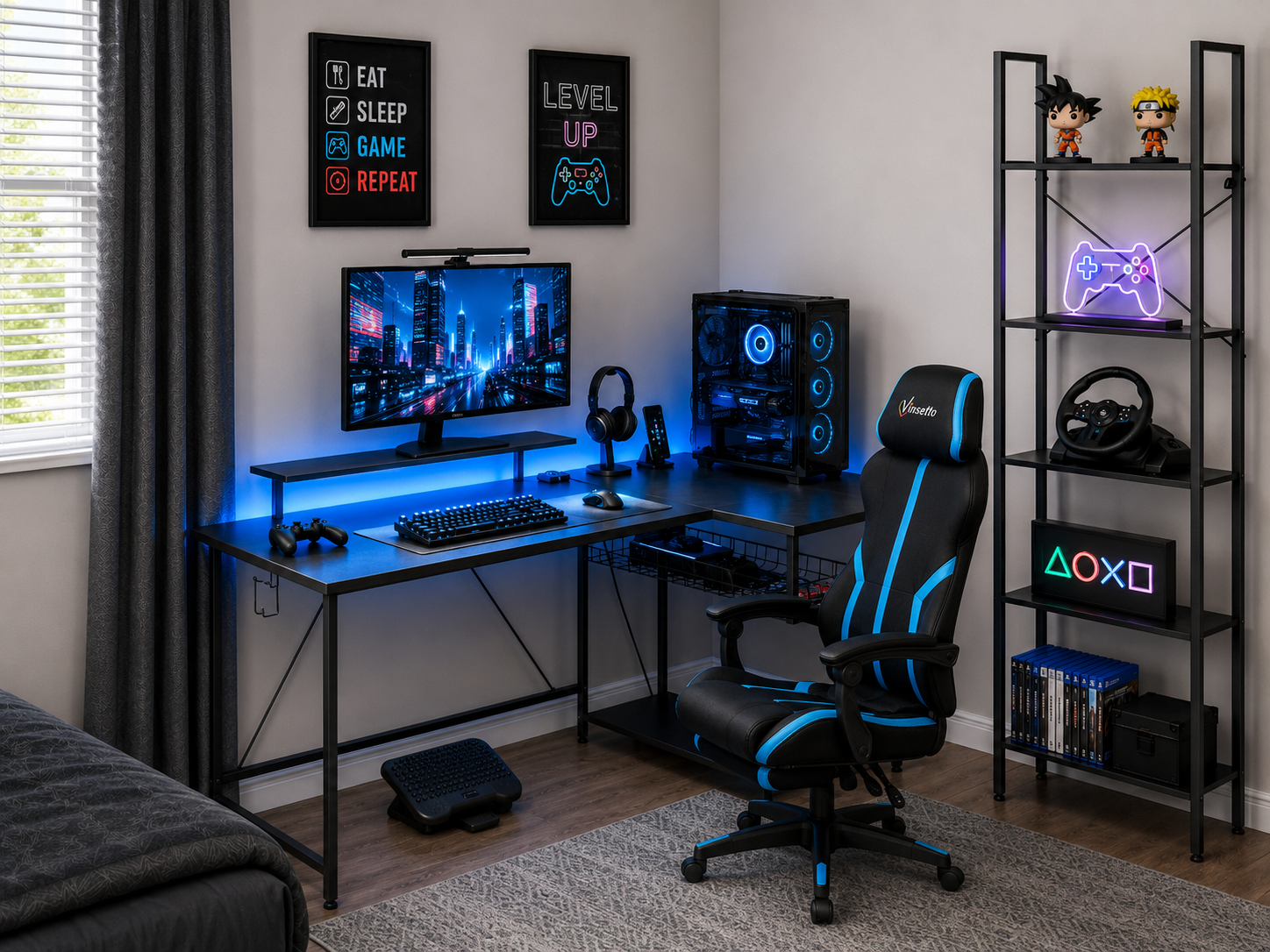 Recanto gaming confortável e bem equipado