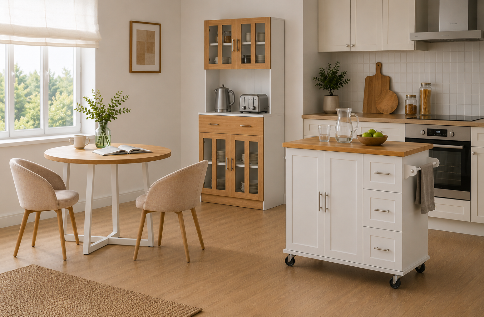 Cozinha luminosa e funcional com móveis em branco