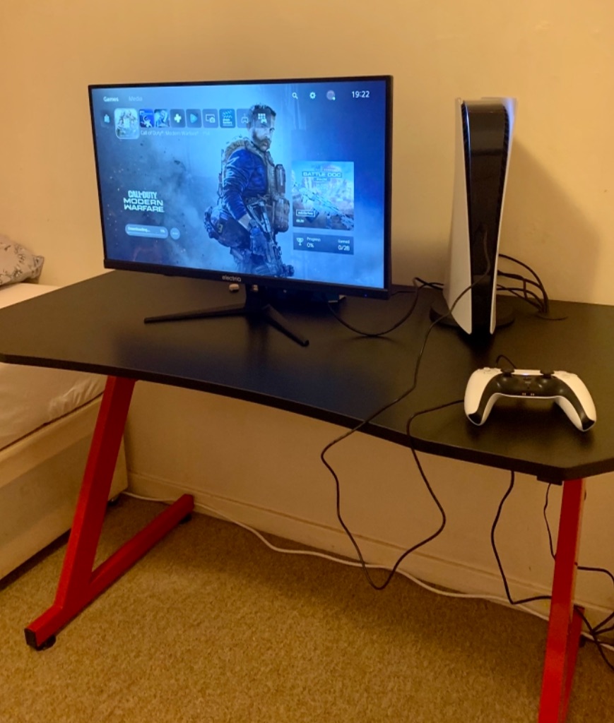 Gaming Desk Steel Frame Cup Headphone Holder Adjustable Feet Home Red