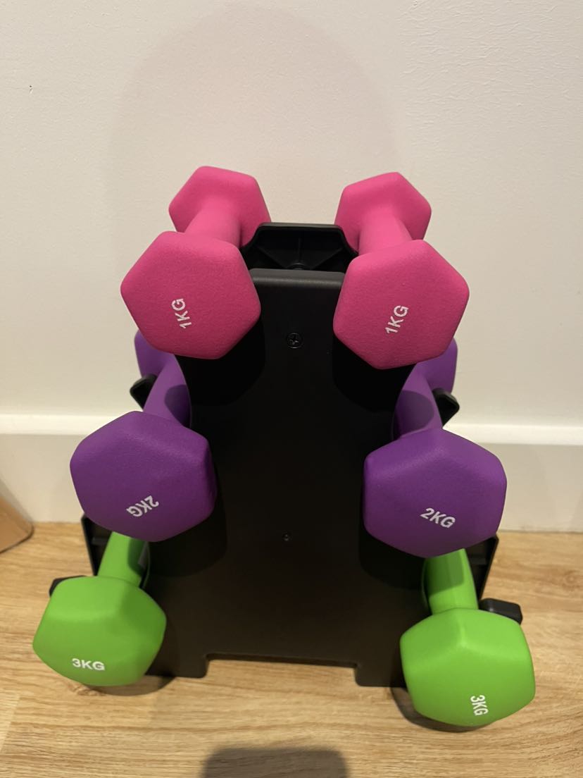 Cute set of good dumbbells with rack for convenient storage