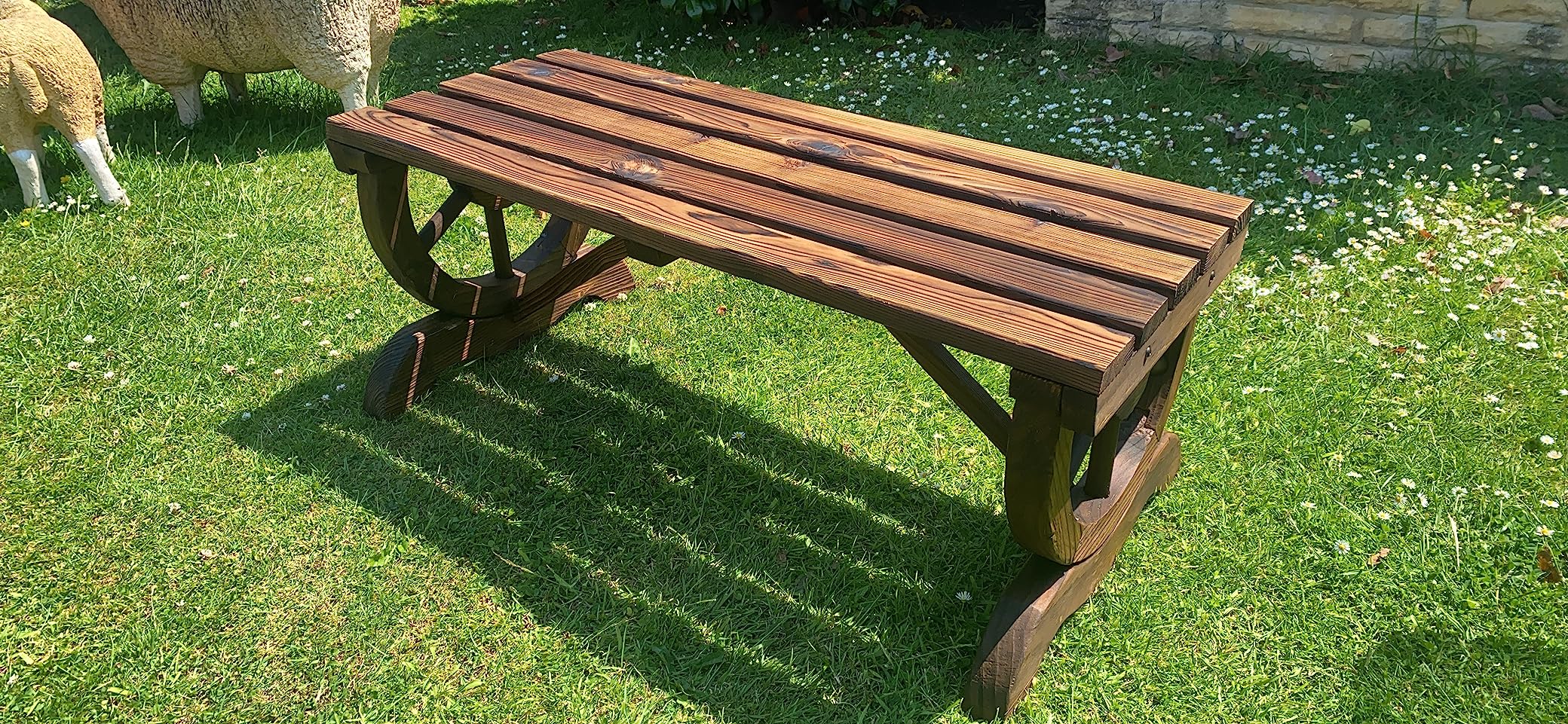 Outsunny Garden Rustic Wooden Bench WheelShaped Legs Slatted Seats