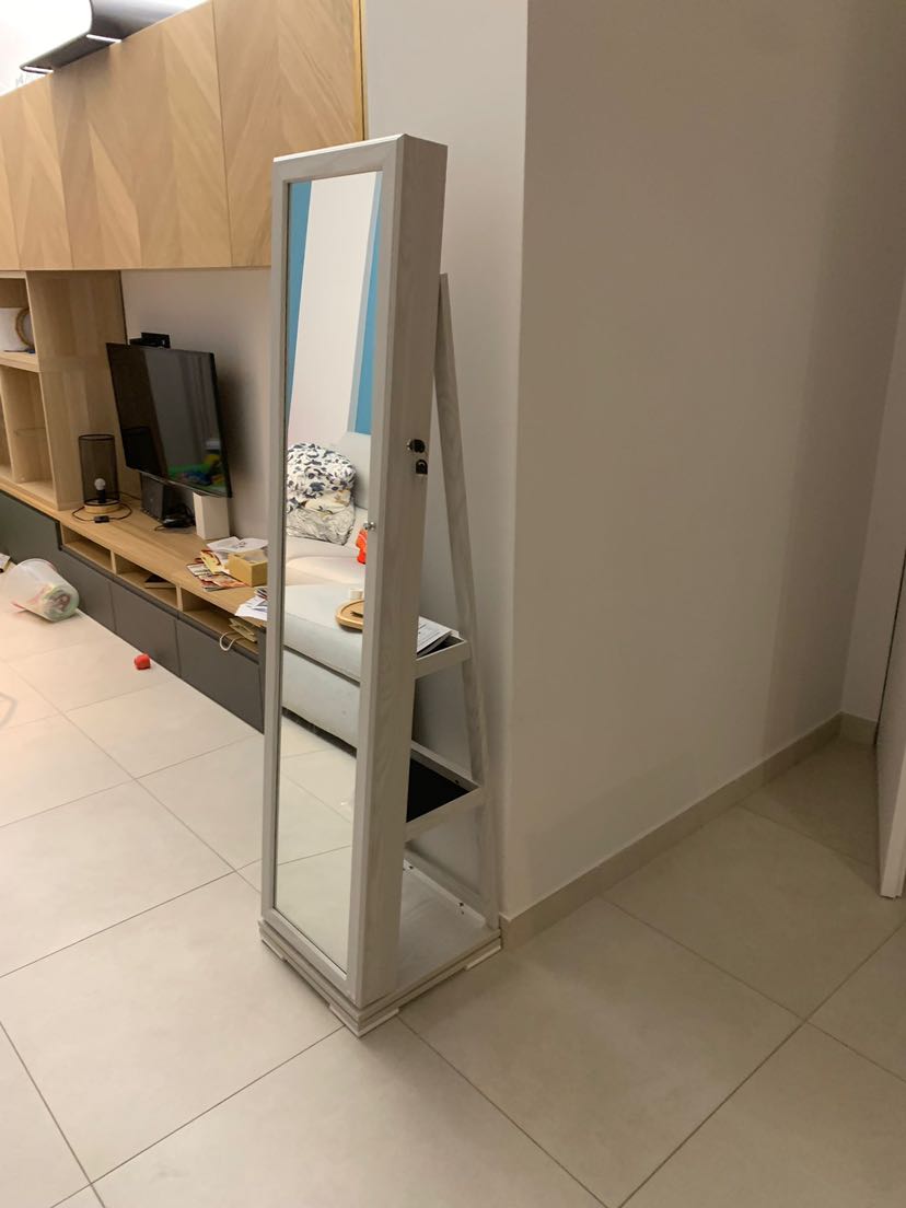 Armoire à Bijoux HOMCOM Pivotante - Rangement Miroir Verrouillable - Bois Blanc Multi-compartiments