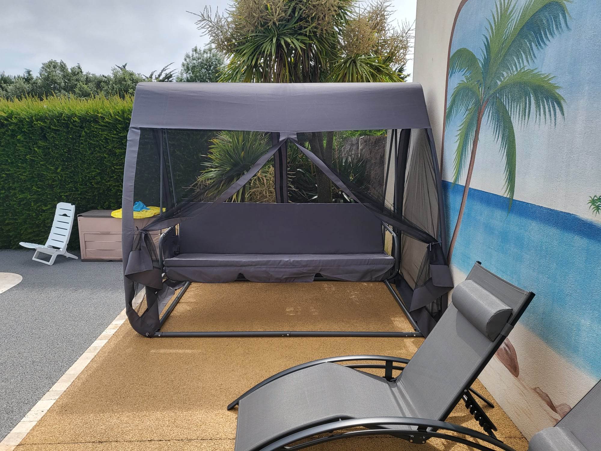 Outsunny Swing Chair Lounger Bed Hammock 3 Person Mesh Wall Canopy Grey