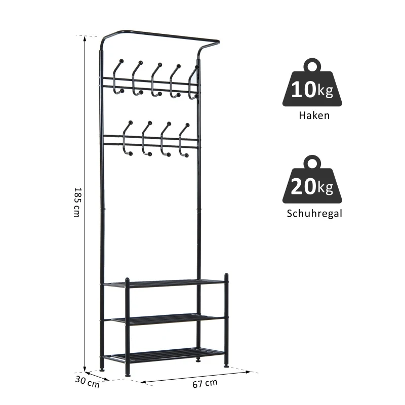 HOMCOM kledingrek met opbergruimte voor schoenen 18 haken wandkapstok metaal wit / zwart