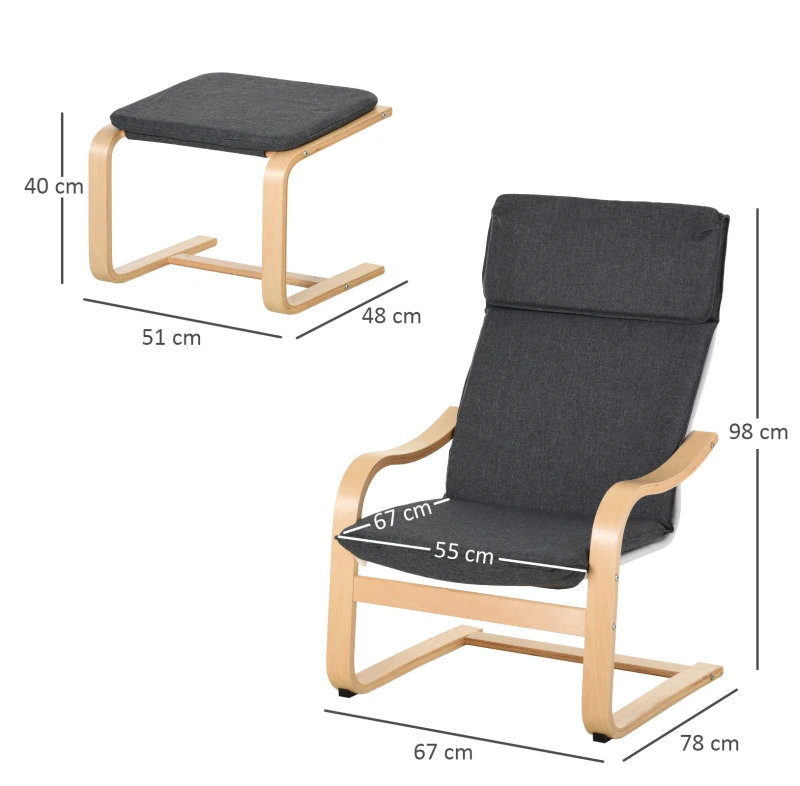 HOMCOM relaxstoel met poef stoel met armsteun linnen bekleding houten frame grijs