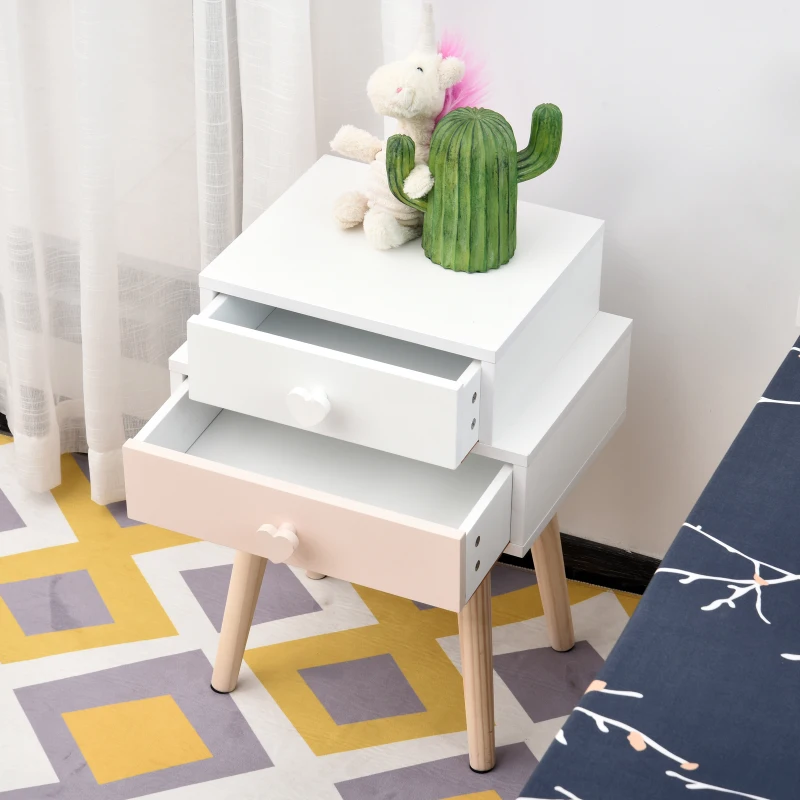 HOMCOM kinderkamer nachtkastje set van 2 bijzettafel 2 lades MDF roze