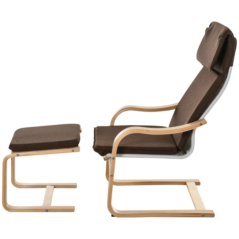 HOMCOM relaxstoel met poef, stoel met armsteunen linnen bekleding houten frame bruin