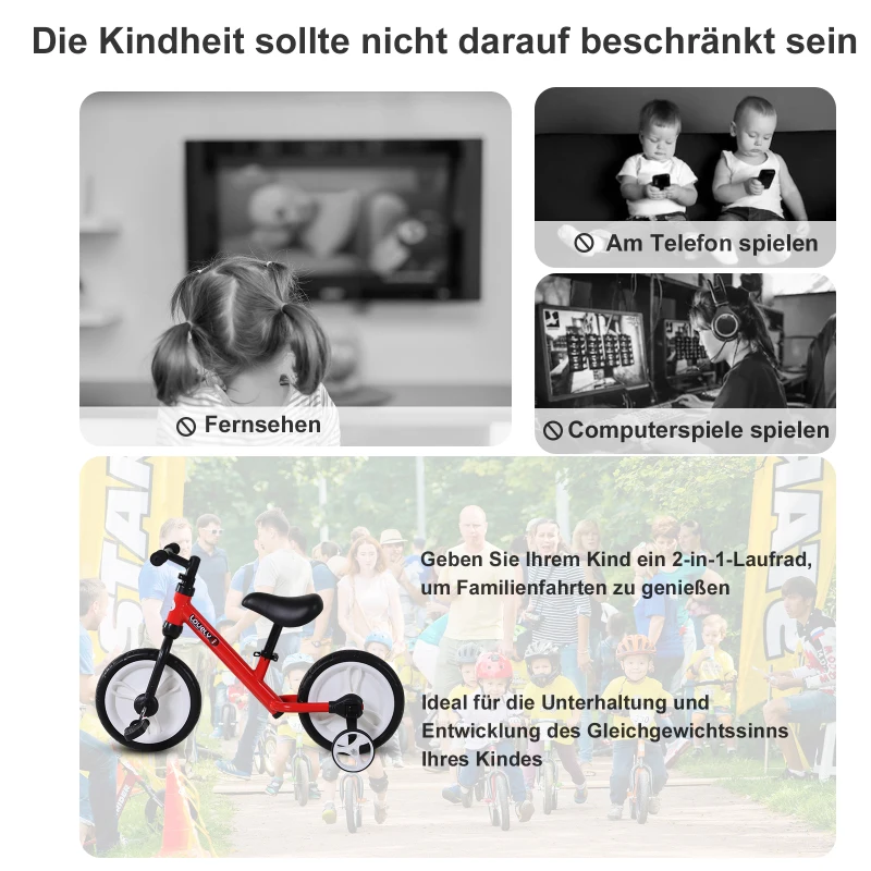 HOMCOM kinderloopfiets kinderfiets zijwielen pedalen 2-5 jaar PP rood