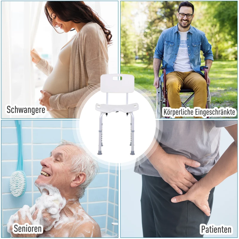 HOMCOM douchestoel badstoel met rugleuning in hoogte verstelbaar aluminiumlegering wit