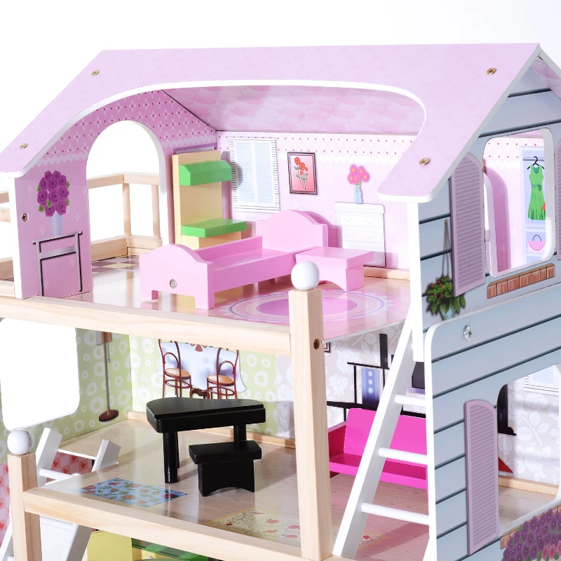 HOMCOM Kinderpoppenhuis poppenhuis barbiehuis 4 verdiepingen met meubels hout