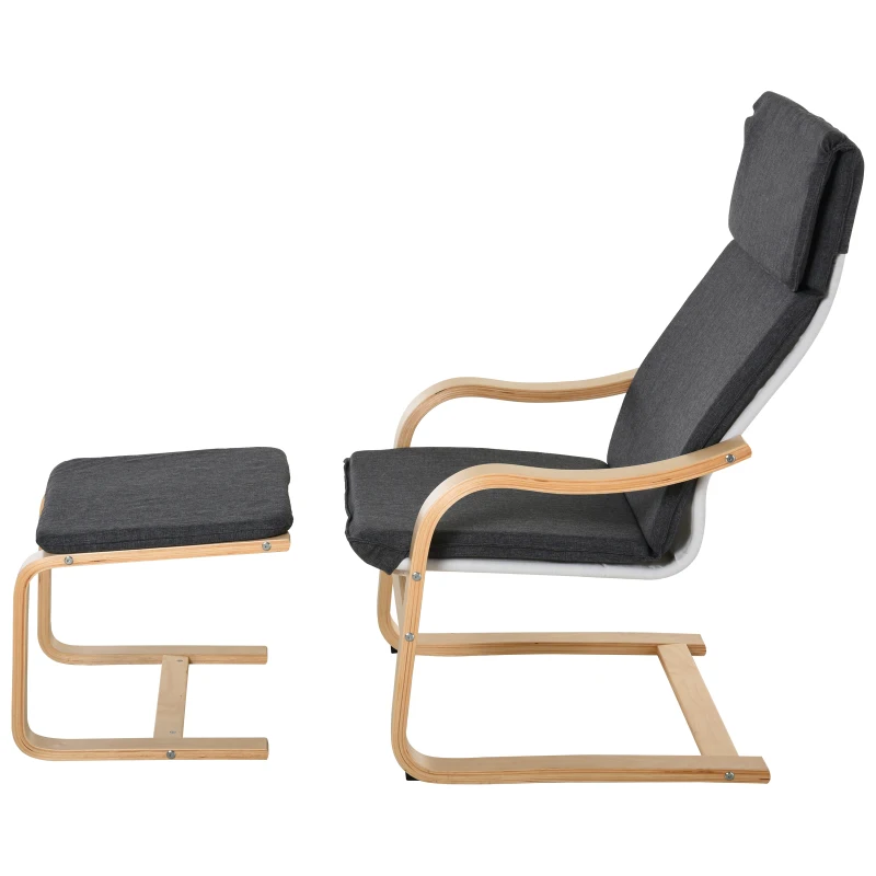 HOMCOM relaxstoel met poef stoel met armsteun linnen bekleding houten frame grijs