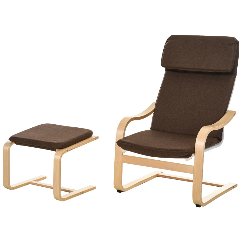 HOMCOM relaxstoel met poef, stoel met armsteunen linnen bekleding houten frame bruin
