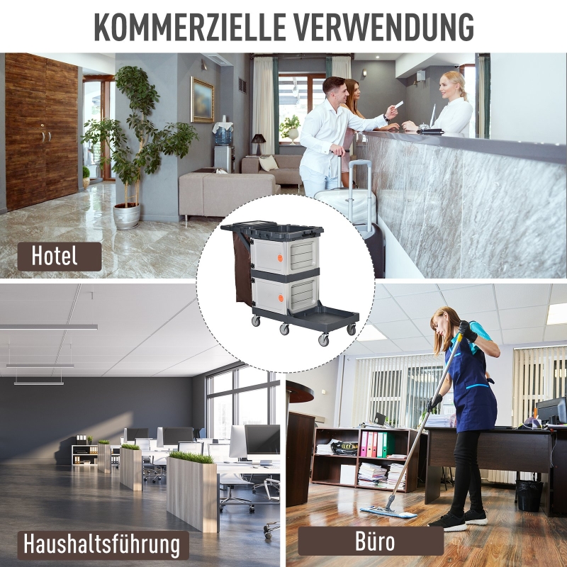 HOMCOM schoonmaakwagen reinigingswagen dweilwagen systeemwagen 4 rubberen wielen grijs + bruin