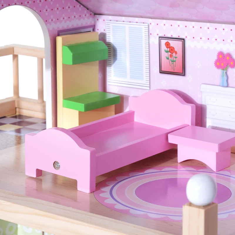 HOMCOM Kinderpoppenhuis poppenhuis barbiehuis 4 verdiepingen met meubels hout