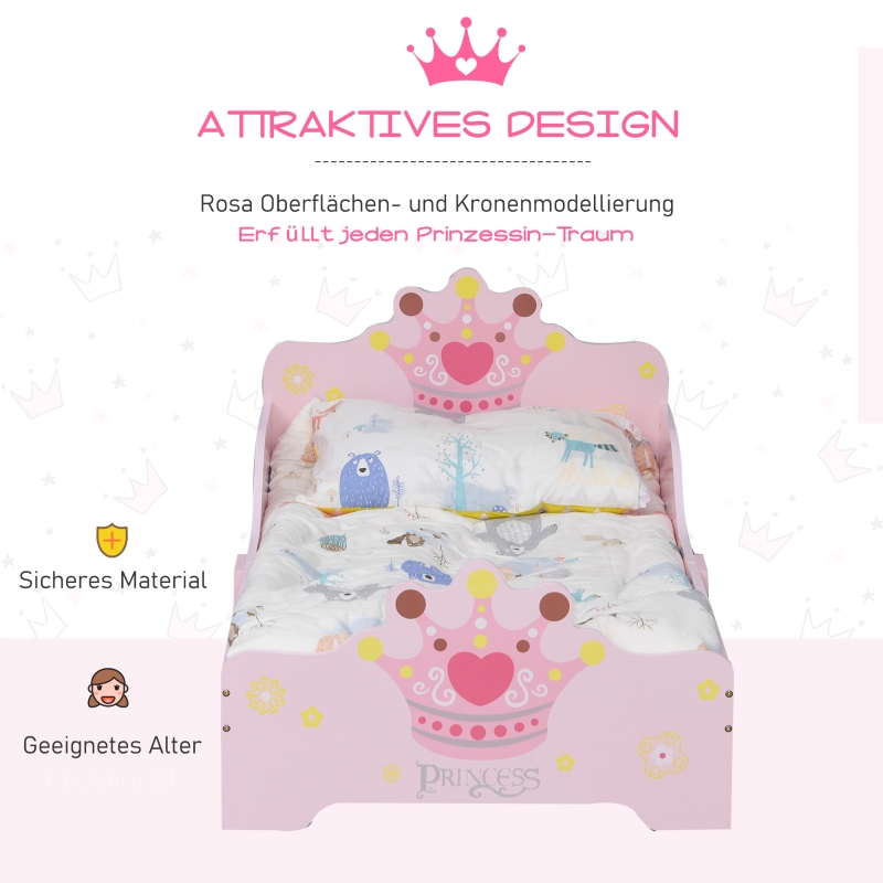 HOMCOM Kinderbett mit Prinzessinnen-Motiv mit Rausfallschutz für 3–6 Jahre, Mädchenbett, Holzbett für Kinderzimmer, Pappelholz, 143 x 73 x 60 cm