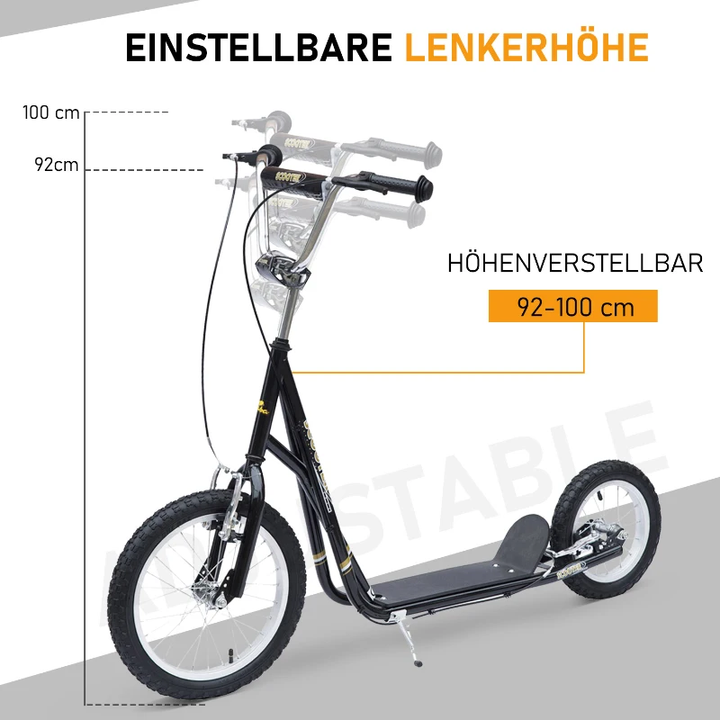 HOMCOM Kinderstep scooter 16/12 inch stadsscooter rolfiets zwart verstelbaar