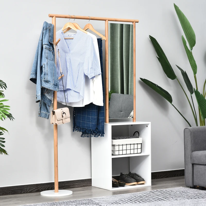 HOMCOM garderobestandaard kledingrek met make-up spiegel plank 4 haken bamboe