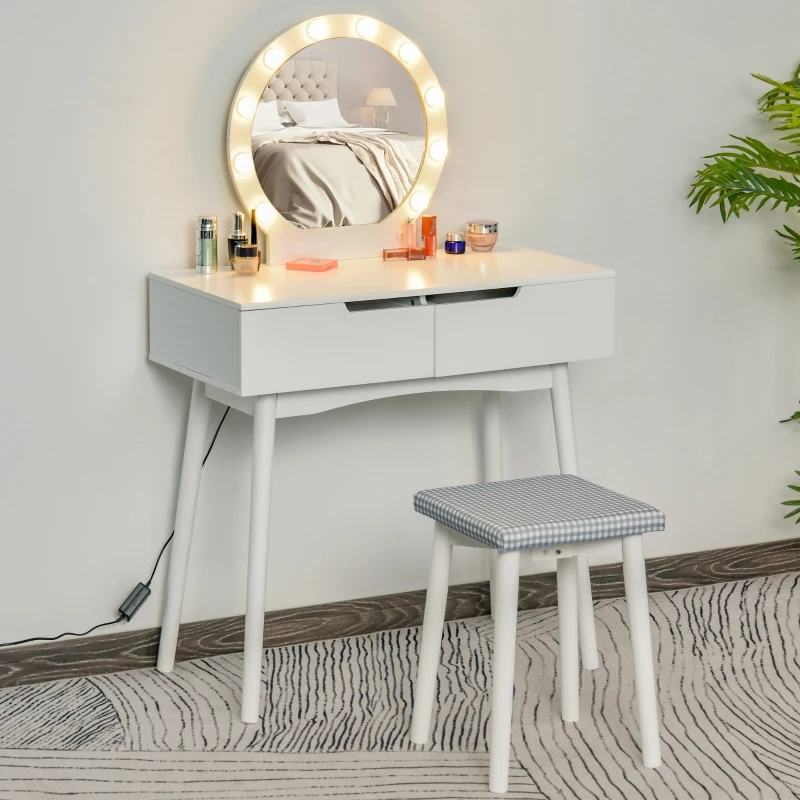 HOMCOM Schminktisch mit Hocker Frisierkommode Kosmetiktisch mit LED Spiegel und 2 Schubladen Weiß, 80 x 40 x 125,5 cm