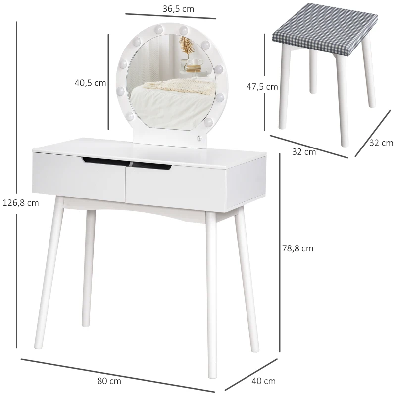 HOMCOM Schminktisch mit Hocker Frisierkommode Kosmetiktisch mit LED Spiegel und 2 Schubladen Weiß, 80 x 40 x 125,5 cm