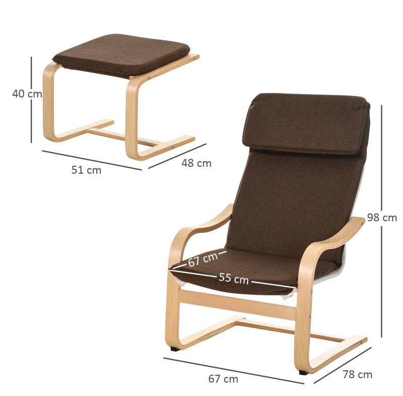 HOMCOM relaxstoel met poef, stoel met armsteunen linnen bekleding houten frame bruin