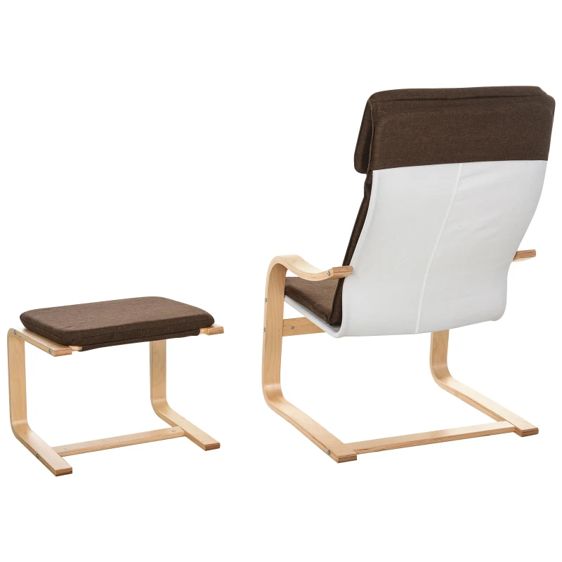 HOMCOM relaxstoel met poef, stoel met armsteunen linnen bekleding houten frame bruin