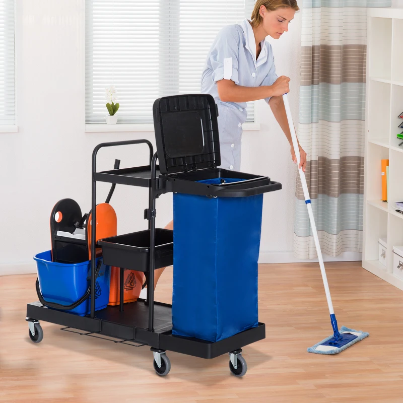 HOMCOM schoonmaakwagen reinigingswagen veegwagen systeemwagen met 4 wielen 2 emmers